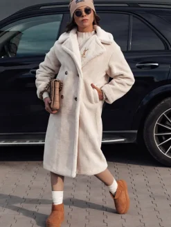 Kożuszki Damskie|Płaszcze Damskie>Dstreet Płaszcz damski zimowy LUXERII długi futerkowy beżowy TY4691