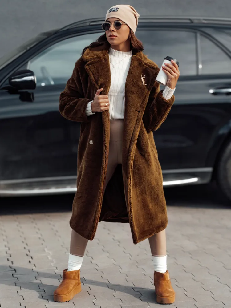 Kożuszki Damskie|Płaszcze Damskie>Dstreet Płaszcz damski zimowy LUXERII długi futerkowy kamelowy TY4690