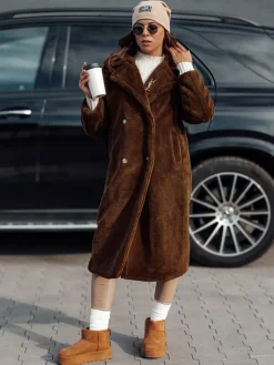 Kożuszki Damskie|Płaszcze Damskie>Dstreet Płaszcz damski zimowy LUXERII długi futerkowy kamelowy TY4690