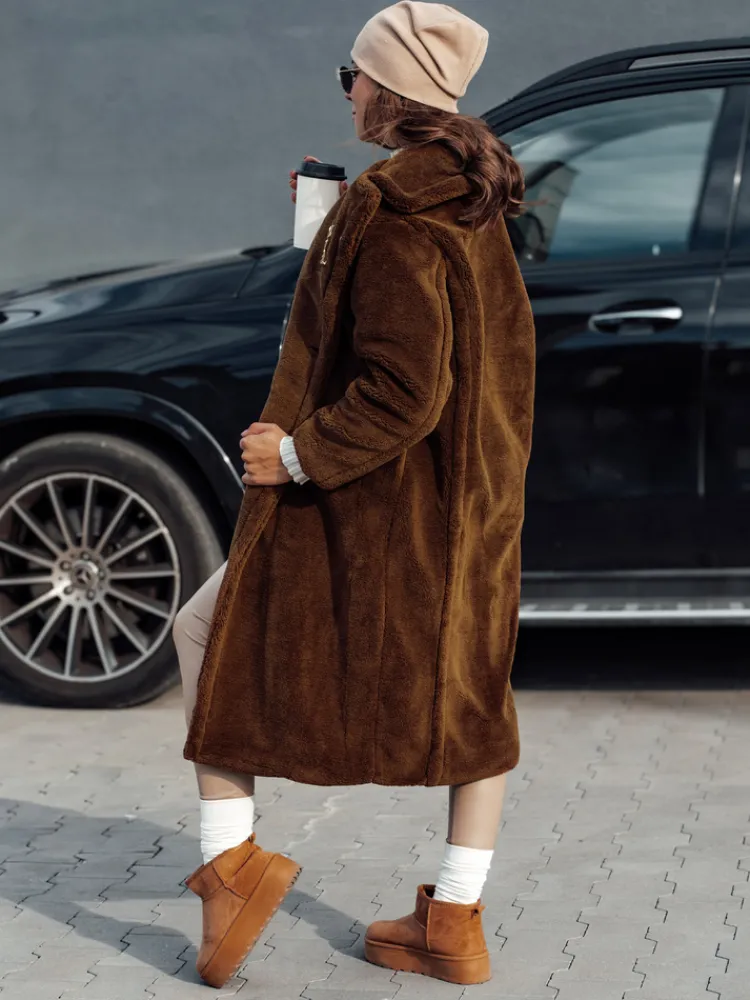 Kożuszki Damskie|Płaszcze Damskie>Dstreet Płaszcz damski zimowy LUXERII długi futerkowy kamelowy TY4690