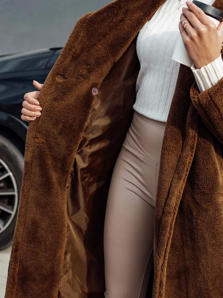 Kożuszki Damskie|Płaszcze Damskie>Dstreet Płaszcz damski zimowy LUXERII długi futerkowy kamelowy TY4690