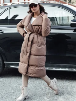 Płaszcze Damskie|Kurtki Damskie>Dstreet Płaszcz zimowy damski długi pikowany FAVI brązowy TY4571