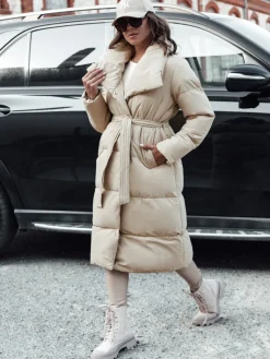 Płaszcze Damskie|Kurtki Damskie>Dstreet Płaszcz zimowy damski długi pikowany FAVI beżowy TY4572