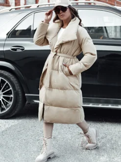 Płaszcze Damskie|Kurtki Damskie>Dstreet Płaszcz zimowy damski długi pikowany FAVI beżowy TY4572