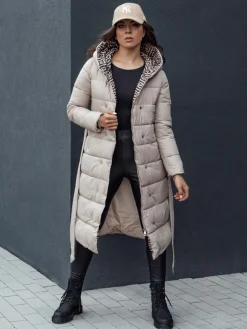 Płaszcze Damskie|Kurtki Damskie>Dstreet Płaszcz zimowy damski pikowany z kapturem GRACE beżowy TY4518