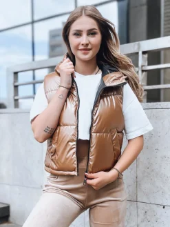 Kamizelki Damskie>Dstreet Pikowana kamizelka damska ASHE ciemnobeżowa TY3778