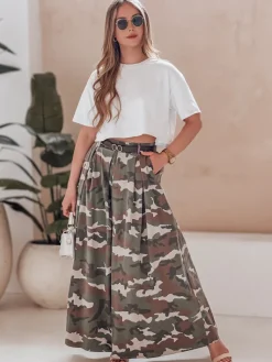 Spodnie Damskie>Dstreet Spódnico-spodnie moro z paskiem FLOWES ciemnozielone UY2561