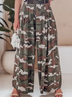 Spodnie Damskie>Dstreet Spódnico-spodnie moro z paskiem FLOWES ciemnozielone UY2561