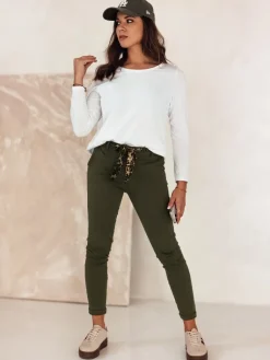 Jeansy Damskie>Dstreet Spodnie damskie CHARMYOU jeansowe z paskiem oliwkowe UY2270