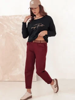 Spodnie Damskie>Dstreet Spodnie damskie chinosy one size ELEGANTENO z paskiem bordowe UY2256