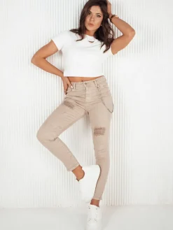 Jeansy Damskie>Dstreet Spodnie damskie jeansowe ALEX ciemnobeżowe UY1876