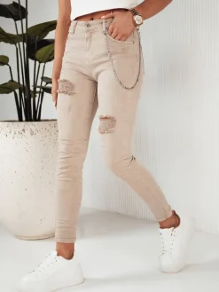 Jeansy Damskie>Dstreet Spodnie damskie jeansowe ALEX ciemnobeżowe UY1876