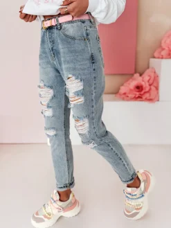 Jeansy Damskie>Dstreet Spodnie damskie jeansowe mom fit z dziurami MOMVIBE niebieskie UY2459