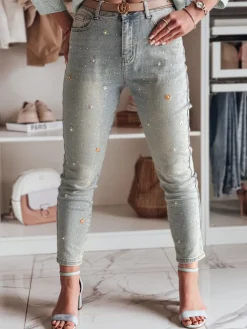 Jeansy Damskie>Dstreet Spodnie damskie jeansowe skinny w kwiatki PERLAON niebieskie UY2477