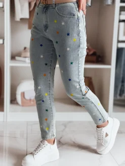 Jeansy Damskie>Dstreet Spodnie damskie jeasnowe slim fit w gwiazdki SHINYFIT niebieskie UY2452