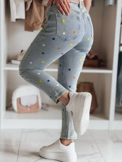 Jeansy Damskie>Dstreet Spodnie damskie jeasnowe slim fit w gwiazdki SHINYFIT niebieskie UY2452