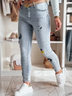 Jeansy Damskie>Dstreet Spodnie damskie jeasnowe skinny z haftem MOONAIR niebieskie UY2453