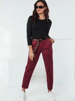 Spodnie Damskie>Dstreet Spodnie damskie one size LEOCINCIN z paskiem bordowe UY2261