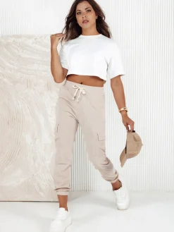 Spodnie Damskie>Dstreet Spodnie damskie prążkowane CHICCORD beżowe UY2174