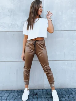 Spodnie Damskie>Dstreet Spodnie damskie skórzane joggery TERRACE kamelowe UY1696