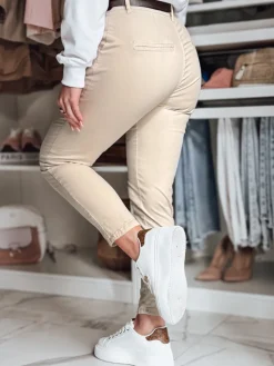 Spodnie Damskie>Dstreet Spodnie damskie slim fit z paskiem LINESKA jasnobeżowe UY2573