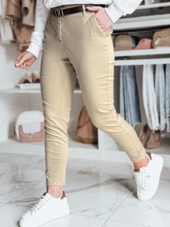 Spodnie Damskie>Dstreet Spodnie damskie slim fit z paskiem LINESKA ciemnobeżowe UY2578