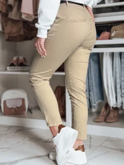 Spodnie Damskie>Dstreet Spodnie damskie slim fit z paskiem LINESKA ciemnobeżowe UY2578