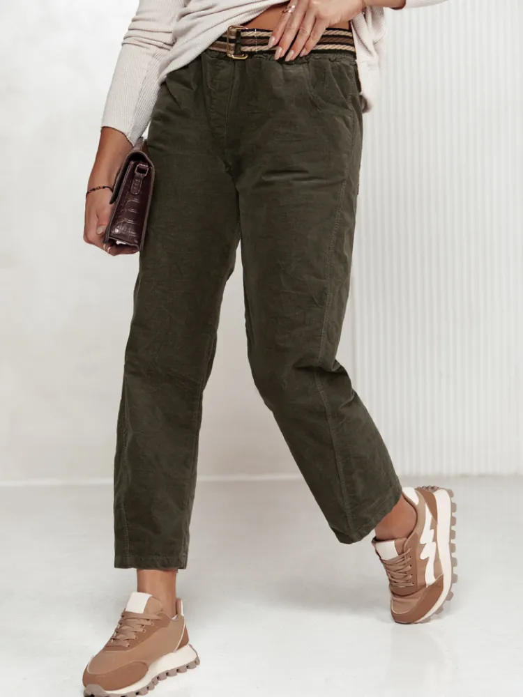 Spodnie Damskie>Dstreet Spodnie damskie sztruksowe one size FEMCORD z paskiem oliwkowe UY2283