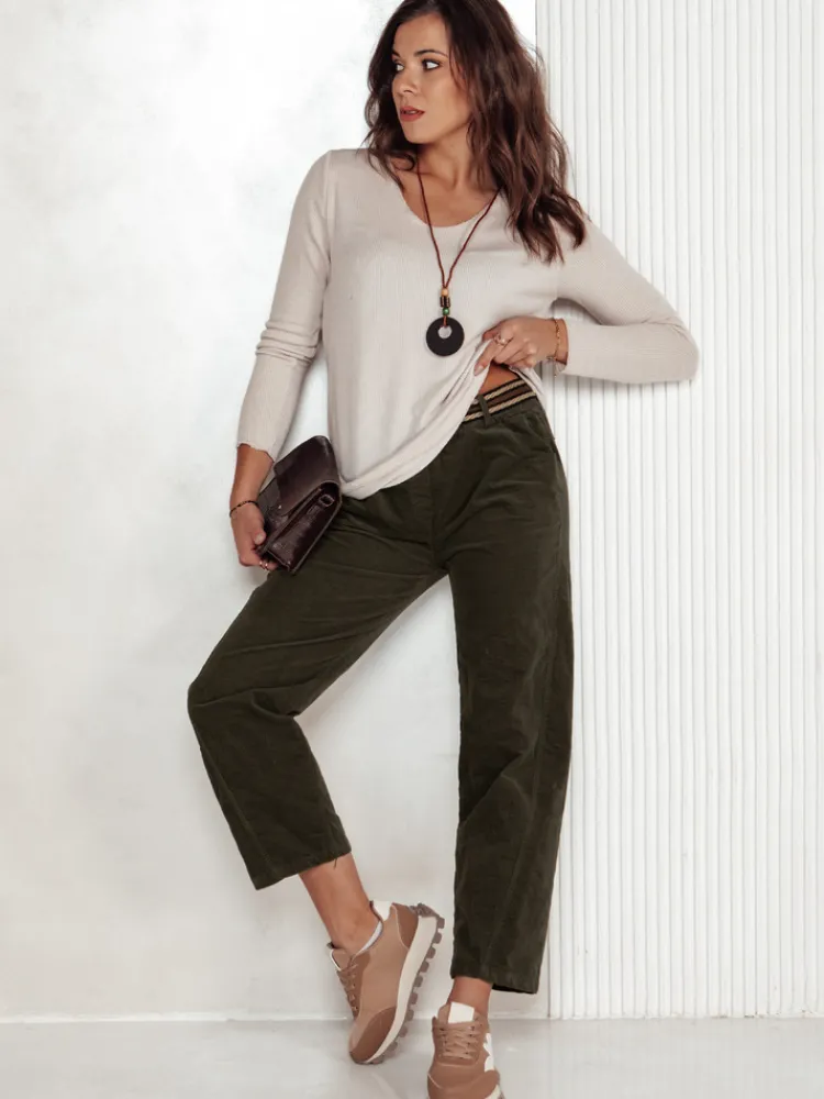 Spodnie Damskie>Dstreet Spodnie damskie sztruksowe one size FEMCORD z paskiem oliwkowe UY2283