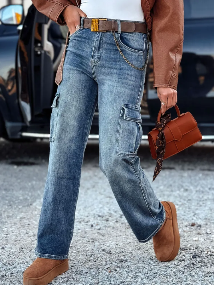 Spodnie Damskie|Jeansy Damskie>Dstreet Spodnie damskie URBANNOW jeansowe cargo z paskiem w zestawie niebieskie UY2250