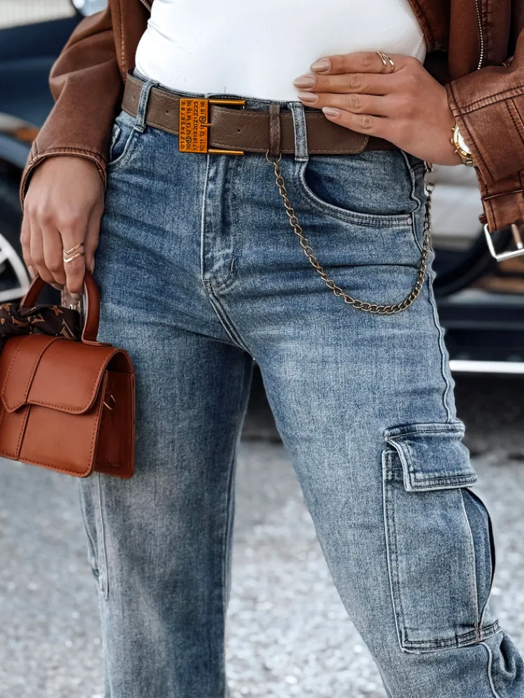 Spodnie Damskie|Jeansy Damskie>Dstreet Spodnie damskie URBANNOW jeansowe cargo z paskiem w zestawie niebieskie UY2250