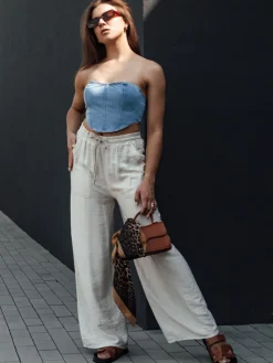 Spodnie Damskie>Dstreet Spodnie damskie wide leg NAMAYAS jasnobeżowe UY2134