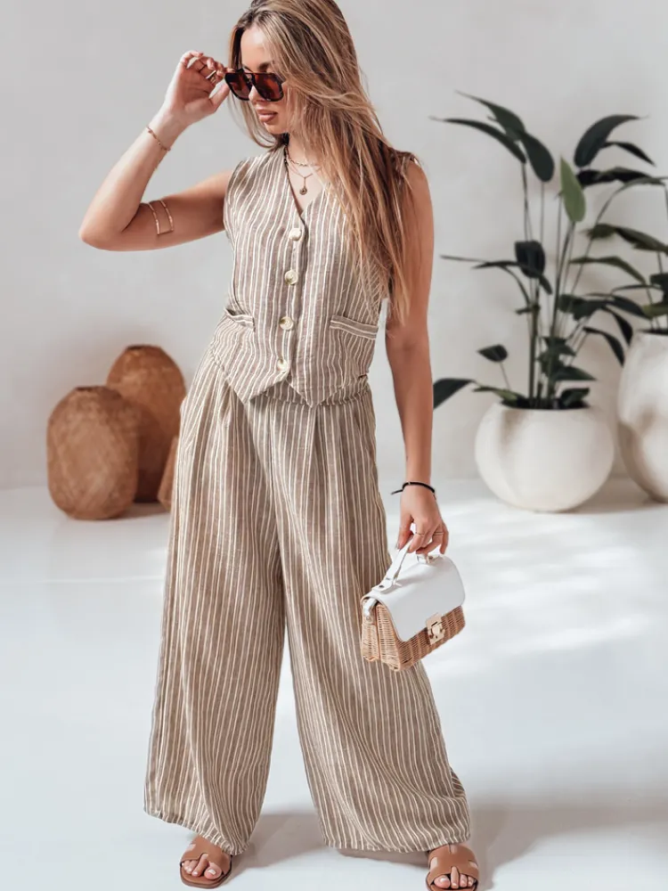 Spodnie Damskie>Dstreet Spodnie damskie wide leg w paski MODERESS brązowe UY2695