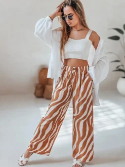 Spodnie Damskie>Dstreet Spodnie damskie wide leg w paski ZEBRAVIBE beżowo-kamelowe UY2655