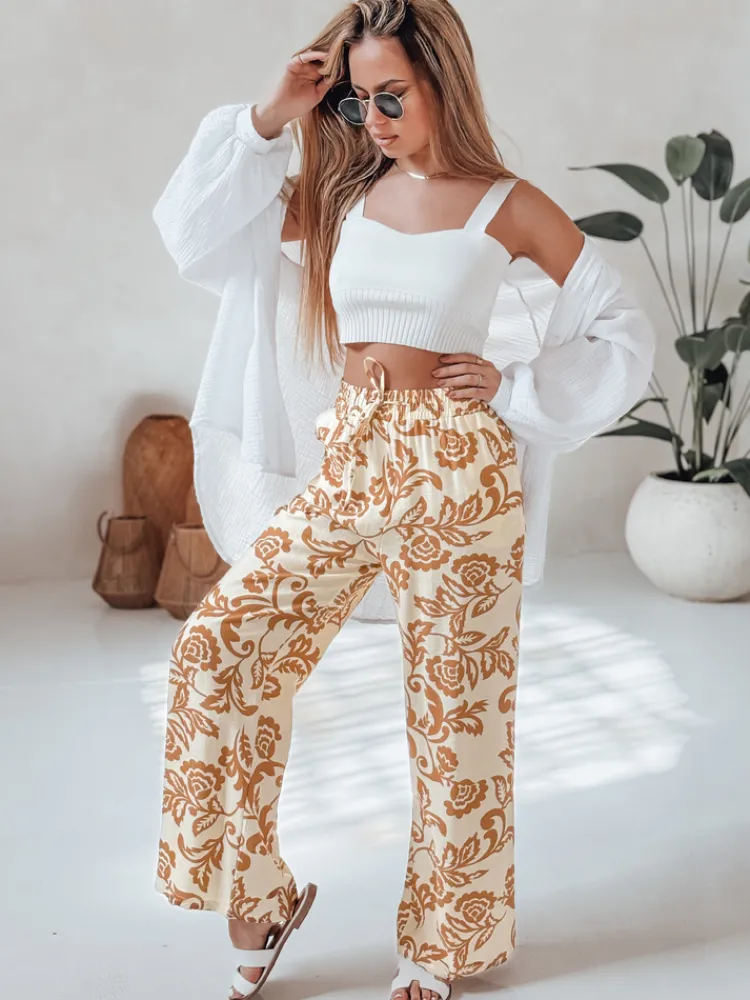 Spodnie Damskie>Dstreet Spodnie damskie wide leg w kwiaty LOVEGARDEN kamelowe UY2657