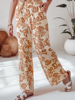 Spodnie Damskie>Dstreet Spodnie damskie wide leg w kwiaty LOVEGARDEN kamelowe UY2657