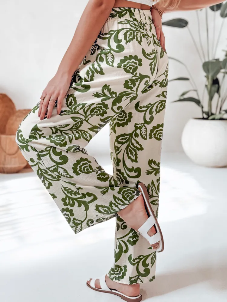 Spodnie Damskie>Dstreet Spodnie damskie wide leg w kwiaty LOVEGARDEN zielone UY2656