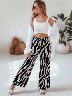 Spodnie Damskie>Dstreet Spodnie damskie wide leg w paski ZEBRAVIBE beżowo-czarne UY2653