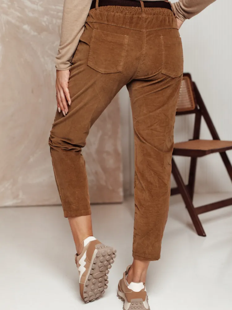 Spodnie Damskie>Dstreet Spodnie sztruksowe damskie one size DANORII z paskiem kamelowe UY2289