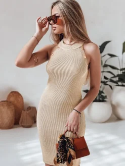 Sukienki>Dstreet Sukienka midi prążkowana GLAMMID jasnobeżowa EY2601