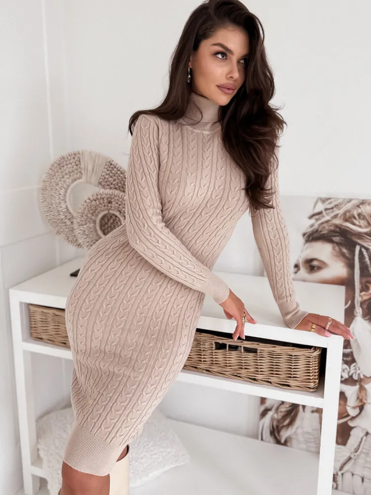 Swetry Damskie|Sukienki>Dstreet Sukienka sweterkowa DREAMY jasnobrązowy MY2013