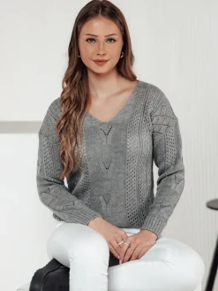 Swetry Damskie>Dstreet Sweter damski LACEONIA jasnoszary MY2397