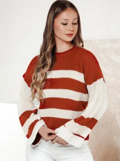 Swetry Damskie>Dstreet Sweter damski LINEZZA rudo-biały MY2384