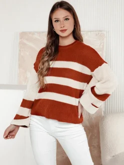Swetry Damskie>Dstreet Sweter damski LINEZZA rudo-biały MY2384