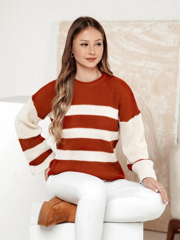 Swetry Damskie>Dstreet Sweter damski LINEZZA rudo-biały MY2384