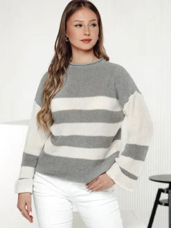 Swetry Damskie>Dstreet Sweter damski LINEZZA szaro-biały MY2386