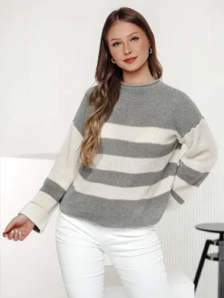 Swetry Damskie>Dstreet Sweter damski LINEZZA szaro-biały MY2386