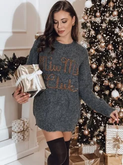 Swetry Damskie>Dstreet Sweter damski one size MIU MIU z napsiem grafitowy MY2348