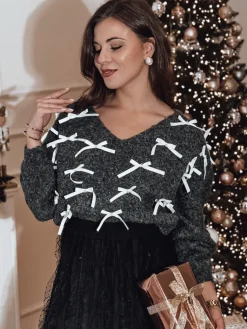 Swetry Damskie>Dstreet Sweter damski RIBBLOOM w kokardki czarny MY2360