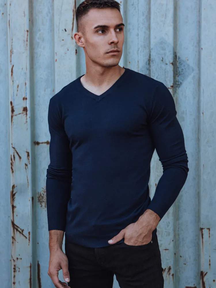 Swetry Męskie>Dstreet Sweter męski gładki w serek granatowy WX2220